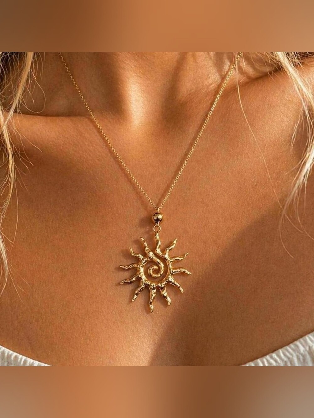 Gold Spiral Sunburst Pendant Necklace – Stainless Steel Celestial Jewelry